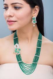 Cz Diamante Multi Strand Emerald Green Crystal Stones Side Brooch Necklace Set