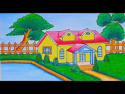 House coloring pages to print. House Drawing How To Draw Beautiful House With Colour House Drawing Easy With Oil Pastel Youtube