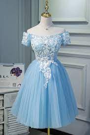 Cute Blue Tulle Off Shoulder Knee Length Homecoming Dress With Sleeves Lace Short Party Dre Homecoming Dresses Tulle Homecoming Dress Homecoming Dresses Short