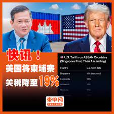 快讯！美国将柬埔寨关税降至19%】 据柬媒消息，在当前地区局势持续紧张的背景下，美国总统特朗普于近日宣布，作为对柬埔寨 与泰国接受美方提出的停火协议的回应，美国决定自2025年8月1日起，将柬埔寨输美产品的关税税率从原先的36%下调至19%。 根据美方声明，此次关税调整  ...