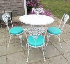 Iron C1950 Woodard Patio Breakfast Dining Table Amp 4 Chairs Oak Amp Acorn Pattern Wrought Iron Patio Furniture Outdoor Furniture Sets Iron Patio Furniture