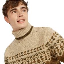 J.Crew Wallace & Barnes Fair Isle Donegal Turtleneck Sweater in Olive/Tan  Size L