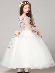 Princess Flower Girl Dresses White Floor Length Applique V Neck Tulle Long Sleeve Kids Pageant Dresses White Flower Girl Dresses Wedding Flower Girl Dresses Kids Pageant Dresses