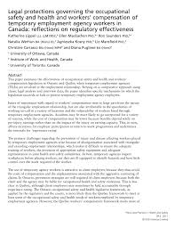 Features health & safety ontario's top 10 health & safety violations: Pdf Legal Protections Governing Occupational Health And Safety And Workers Compensation Of Temporary Employment Agency Workers In Canada Reflections On Regulatory Effectiveness
