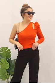 Mad Girls Turuncu Tek Omuz Karpuz Kol Triko Mg033