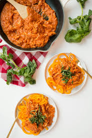 Butternut Squash Noodles With Creamy Tomato And Chicken Sauce Inspiralized Recipe Butternut Squash Noodle Spiralizer Recipes Sauce For Chicken
