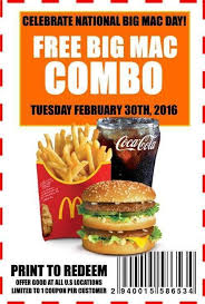 Celebrate National Big Mac Day Free Big Mac Combo Tuesday February 30th 2016 Bigmac Fast Food Advertising Fast Food Coupons Free Food Coupons