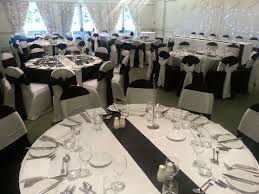 Wow Loved Doing This Set Up Black And White Tablecloths Black And White Table Runners B Black And White Tablecloth White Chair Covers Table Linen Rentals