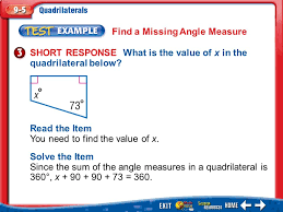 The measure of the angle aeb can be calculated from the isosceles triangle formed by aeb, from which we know 2 of the 3 angles. Splash Screen Lesson Menu Five Minute Check Over Lesson 9 4 Main Idea And Vocabulary Key Concept Angles Of A Quadrilateral Example 1 Find A Missing Ppt Download