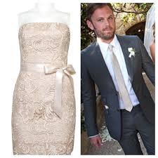 Champagne And Grey Bridal Attire Champagne Lace Dress And Grey Suit Bridal Party Attire Wedding Attire Beach Bridal