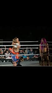 Bayley Getting A Victory Hug From Mickie James While Sasha Banks Looks On Jealous Women S Wrestling Mickie James Wrestling