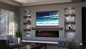 Wanted to get it wall mounted but the wall it was going on is an old chimney and chasing out the areas for cable runs just seemed like a lot of hassle. Dagr Design Media Wall Calm Tv Above Linear Fireplace Traditional Living Room Phoenix By Dagr Design Custom Home Theater Houzz