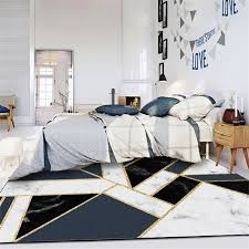 Black And White Area Rug Bedroom Modern Geometric Blue Black White Marble Gold Line Decorative Carpet Area Rug Living Room White Black And White Living Room Geometric Living Room