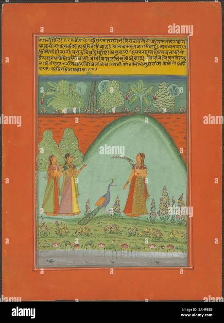 Rajasthani miniature painting from Rajasthan, India. Probably late 19th century or early 20th century. Upper class people sitting in a garden pergola enjoying entertainers one who appears to be throwing something into