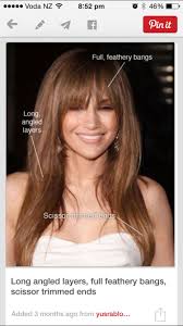 This middle parted angled bob hairstyle is lightly layered at the ends. Long Heavy Bangs Angled Long Pointy Layers Soft Thin Ends Long Hair Styles Hair Styles Long Hair With Bangs
