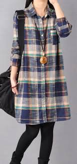 Stylish Blue Pure Cotton Shirt Dress Oversize Casual Dress Vintage Lapel Collar Plaid Cotton Dresses Cotton Shirt Dress Casual Dress Fashion
