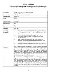Program ijazah sarjana muda perguruan dengan kepujian (pismp) bagi lulusan sijil menengah agama(sma) atau sijil menengah ugama(smu) ambilan khas jun 2012. Course Pro Forma Program Ijazah Sarjana Muda Perguruan Dengan Kepujian English As A Second Or Foreign Language Poetry
