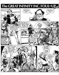 A page of "The Great Infinity Inc. Foul-Up", from issue 386 of the UK's  2000ad, dated 18th February 1984, with art by Jesus Redondo Roman and  written by Jack Adrian (a.k.a James