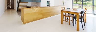 open plan kitchen area with wooden