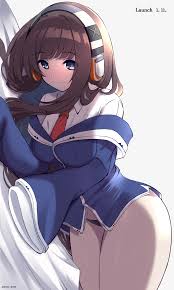 kamishiro (kmsr0302), long island (azur lane), azur lane, commentary  request, highres, 1girl, bed sheet, black panties, blue eyes, blue jacket,  blush, breasts, brown hair, closed mouth, grey background, headphones,  jacket, long hair,
