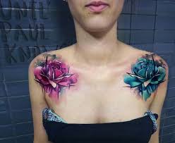 A Blue And A Purple Rose On Two Shoulders Collar Bone Tattoo Watercolor Rose Tattoos Rose Tattoos