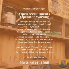 Agan2, ane mau nyari lowongan kerja part time di sekitar bsd tangerang selatan dong, ane lagi kuliah dan pingin nyari part time untuk nambah uang saku hehe. Solo Rasa Angkringan Cowok Cewek Lowongan Kerja Serabutan Di Warung Angkringan Kaki Lima Syarat Punya Kendaraan Diutamakan Tinggal Di Malang Kota Karena Kita Tidak Ada Mess Bisa Memasak Ada Training Disiplin Ulet