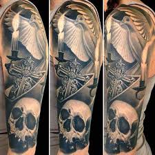 Half sleeve skull tattoos designs on arm. 3d Cross With Flying Pigeon And Skull Tattoo Design For Half Sleeve By Nikko Hurtado