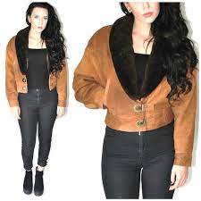 Sheepskin Leather Bomber Jacket 70s Vintage Petite Small Brown Nubuck Suede Shearling Collar Cropped Aviator Bomber Jacket Leather Bomber Jacket Leather Bomber
