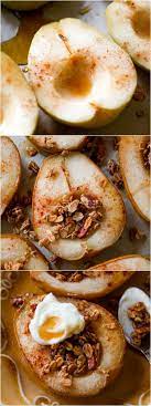 4 Ingredient Baked Pears Infused With Maple And Vanilla Top With Crunchy Granola And Yogurt For A Healthy Satisfying Des Baked Pears Food Ingredients Recipes