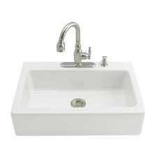 Its unique design, beauty, and functionality have made them wonderful options in any kitchen. Kohler Dickinson Farmhouse Apron Front Cast Iron 33 In 3 Hole Single Bowl Kitchen Sink In White K 6546 3 0 The Home Depot