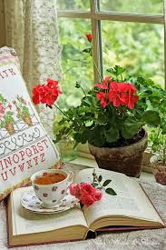 cha com livros tea and books geraniums tea party