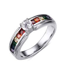 Pride Lesbian Gay Pride Wedding Ring Band Rainbow Ring Center Cz Stone Womens Engagement Rings Blue Diamond Engagement Ring Band Engagement Ring