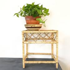 Vintage Rattan End Table Wicker Side Table Coffee Table Plant Stand Woven Accent Table Boho Tiki Furniture Wicker Side Table Table End Tables