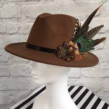 Brown Felt Fedora Embellished With Natural Game Bird Feathers All Dunn Up Bespoke Ladies Hats