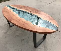 Sycamore River Glass Dining Table Etsy Wood Resin Table Glass Dining Table Wood Table Design