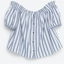Striped Off The Shoulder Top View All Tops Woman Zara Canada Spring Trends Outfits Blue Striped Blouse Striped Off Shoulder Top