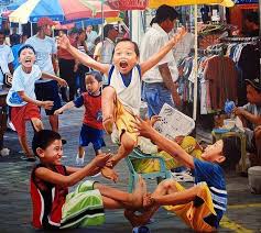 Children Playing Luksong Tinik Traditional Street Market Game Boys Painting Dante Hipolito Philippines Pino Filipino Art Filipino Culture Philippines Culture