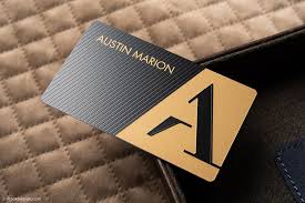 The bubbly gold metal texture is filled with gold oil mixed in water, forming such peculiar patterns. Black Metal Business Card With Metallic Gold Print Austin Marion