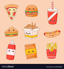 Fast Food Junk Kawaii Cute Face Set Hamburger Vector Image On Vectorstock Cute Food Wallpaper Cute Food Drawings Cute Food Art