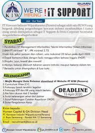 Ratusan iklan lowongan kerja jakarta terbaru untuk lulusan sma, d3, s1, freshgraduate, freelance, part time, full time. Lowongan Kerja It Support Kawasan Industri Wijayakusuma