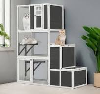 Pefilos 71" Outdoor Cat House for 1-3 Cats, 3-Tier Wood Cat Enclosures  Kitty with 4 Platforms, 2 Doors, Resting Box, Indoor Cat Cage Shelter, Gray