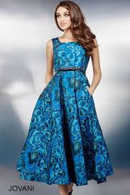 Jovani Dress 28676 Blue Below The Knee Floral Print Sleeveless Dress With Square Neckline Dresses Short Dresses Short Cocktail Dress