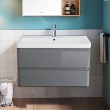 800mm Wall Hung 2 Drawer Vanity Unit Basin Storage Bathroom Furniture Gloss Grey 104cbb1 Dwh 80gy Set