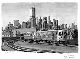 Since this is a subway station, the train needs to be emerging from a tunnel. Prints Of New York Subway Train Drawing Train Drawing New York Subway Train Sketch