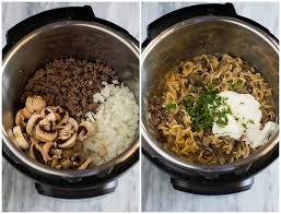 In a large skillet, cook the beef, mushrooms, onion and garlic over medium heat until meat is no longer pink; Easy Instant Pot Stroganoff Tastes Better From Scratch