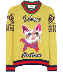 Gucci Cat Intarsia Wool Sweater With Patches Yellow Modesens Sweaters Embroidered Wool Embroidered Sweater