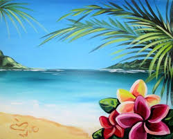 Aloha Hawaiian Beach With Plumeria Flowers Beginner Painting Idea Tropical Painting Beach Canvas Paintings Summer Painting