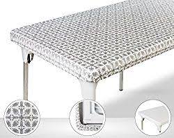 Toptablecloth Table Cover Silver Patterned Elastic On The Corner For Folding Table 6ft 30 X 72 Waterproof Elastic Edge Fitted Stay Put Table Cloth For Trave Outdoor Table Covers Picnic Table