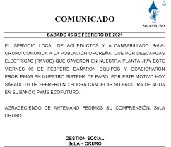 Usuarios de todo el mundo indicaron en plataformas como. Servicio Local De Acueductos Y Alcantarillado Sela Oruro Yrityspalvelut Facebook 2 950 Kuvaa