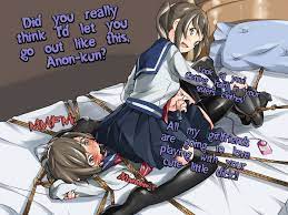 anime ball gag bedroom blush bondage bondage gear boner breasts  brown eyes brown hair cowgirl position cum dominatrix feet femboy femdom  friends fumi11gou gagged leggings precum rope bondage school